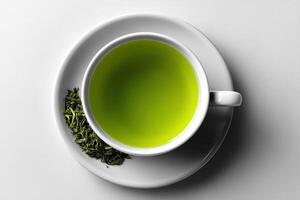 Captivating green tea ready to sip, showcasing vibrant color and refreshing essence in a minimalist setting photo