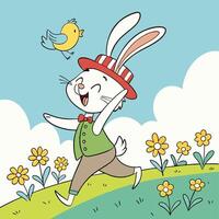 a cartoon rabbit running with a bird in the background vector