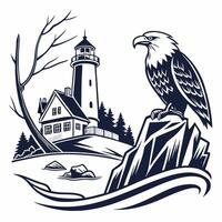 an eagle and lighthouse on a rock in front of a forest vector