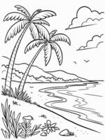 a beach scene with palm trees and a beach vector