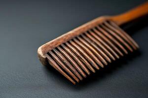 Wooden comb resting on a textured surface showcasing its intricate details and craftsmanship photo
