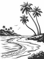 black and white drawing of palm trees on the beach vector