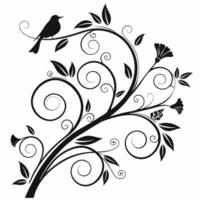 a black and white floral design with a bird on a branch vector