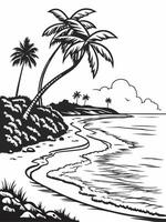 line art tropical beach with palm trees and waves vector