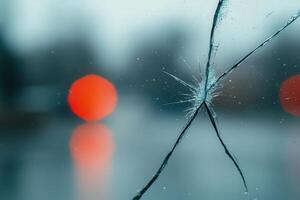 Cracked window creating an abstract view of a rainy street with blurred lights photo