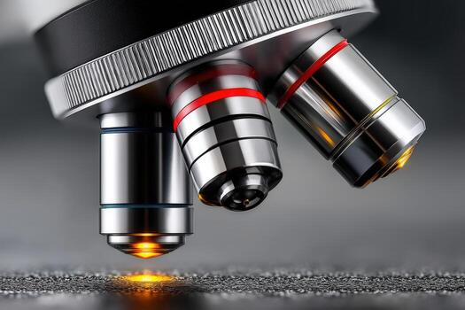 Close-up view of a microscope focusing on a sample under bright lighting in a laboratory setting photo