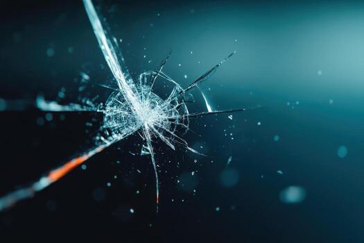 Shattered glass creates intricate patterns in a close-up shot against a dark background photo