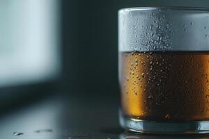 Glass of cool beverage resting on wooden surface near a window in soft natural light photo