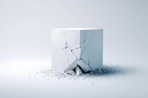 Concrete block breaking apart in a minimalist setting with scattered debris around photo