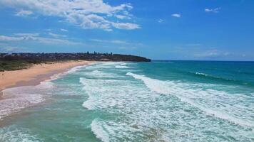 A stunning drone flight over Sydney's Curl Curl Beach on a bright summer day. This aerial view captures coastal perfection in Australia's iconic beach landscape. video