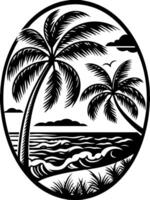 a black and white image of a palm tree and the ocean vector