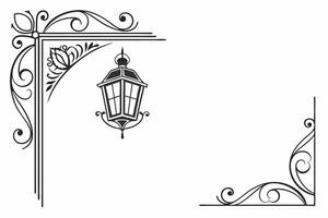 A black and white drawing of a lamp and a frame design. vector