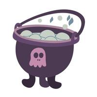 Witch's cauldron, in purple flowers. Flat color illustration with a potion. A witch's cauldron of bubbling liquid for Halloween. A cauldron with a skull pattern. Isolated illustration on white vector