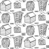 pattern of wooden containers associated with honey. a house with a roof, a beehive, a board with an inscription on a white background. Home-made honey production. One wooden house, a box with shelves. vector