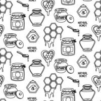 honey doodle element pattern. A jar of honey, a frame with honeycombs, a frame with a bee on a white background. Home-made honey production. Symbols in the bee honey theme. Products with honey content vector