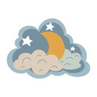 Magical clouds with moon and stars. Colored flat. Suitable for projects related to space, astronomy, and science fiction. It can be used in books, games, and themed art projects. vector