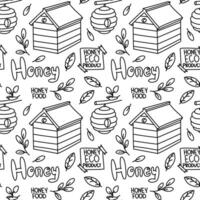 pattern of items related to honey production. a house with a roof, a beehive, a branch, a leaf on a white background. Home-made honey production. Seamless texture of tasting items vector