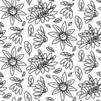 pattern is a variety of flowers-doodles with a bee. the texture is made in a flat style. various bees collect pollen from the flower. Insect. posters, greeting cards drawings for children. Seamless vector