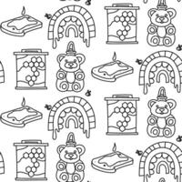 pattern honey doodle elements. Rainbow, sandwich, honeycomb frame, honey in jar on white background. Home-made honey production. Bee farm. Insects fly in rainbow. Seamless texture of honey production vector