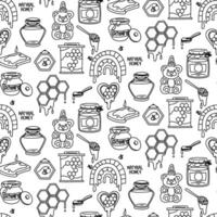pattern of honey doodle elements. Rainbow, heart, honeycomb frame, honey in a jar on a white background. Home-made honey production. a wooden house for bees. Insects fly in a rainbow. Seamless texture vector