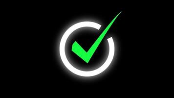 Glowing neon tick mark in circle on black background. Check mark animation, Right Tick Mark Symbol Animation. Animation of Check Mark Sign. 4k, correct or right choice icon animation. video