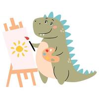 Flat illustration in a simple children's style. Cute dinosaur drawing with paints on malbert vector