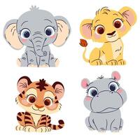 A set of cute illustrations in a simple childish style. Safari animals. Cute tiger cub, lion cub, elephant cub and hippo with big eyes vector