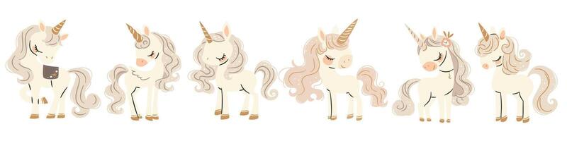 A set of flat illustrations in a simple childish style. Cute unicorns and pegasi on white background vector