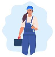 Woman mechanic with a toolbox. Girl character in uniform with wrench in her hand vector