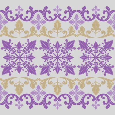 Delicate Classy Filigree Scroll Opulence Ornament with Violet Purple Royal Gold on Light Grey Background Seamless Border Pattern for Luxury Elaborate Feeling Design for Wallpaper Decoration Lace Silk