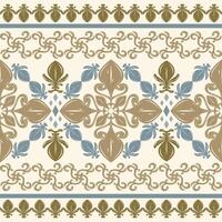 Elegance Abstract Scroll Luxury Ornament Botanical Seamless Pattern Border with Brown Blue On Beige Background. Exotic Florals Stripe Intricate Design like Wallpaper Textiles Apparel Silk Weaves Scarf vector