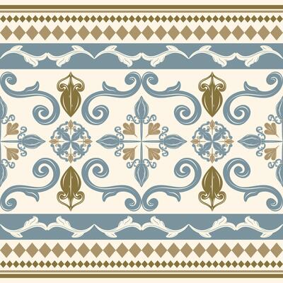 Elegance Geometric Argyle Scroll Ornament Filigree Florals Buds Illustration with Brown Blue Denim on Beige Background Border Pattern. Luxury Glamours Medieval Design for Batik Silk Traditional Decor