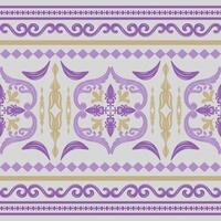 Curved, scroll-like flourishes. These are more geometric and structured contributing to the regal, formal look of the pattern highly symmetrical. Elegance Seamless Border Stripe Scroll ornament Purple vector