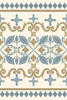 Rich Ikat Ethnic Scroll Ornament Stripe Border Pattern with Golden Royal Blue Filigree on Beige Background. Luxury Geometric Twist Curly Baroque Element Flourish Classy Elegance Design for Handicraft vector