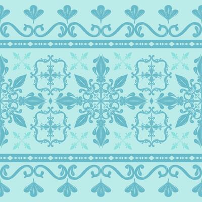 Delicate Aquatic Luxury Baroque Ornament Feels on Cyan Background. Sense of Aqua Blue Filigree Pattern Scroll Florals Motif. Detailed Flourish Design for Wallpaper Border Stripe Ceramics Tiles Textile