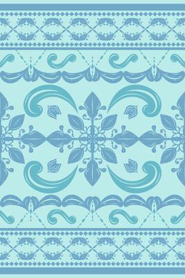 cool soothing aesthetic that feels fresh and aquatic like underwater tile work Repeating floral emblems, leafy tendrils, and scroll motifs fill in the spaces between the larger floral form pattern