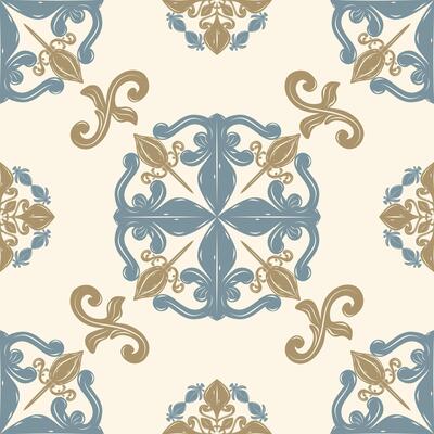 Delicate Flourish Baroque Repeat Seamless Pattern. Luxury Style Golden Blue Ornament Scroll on Beige Background. Elaborate Round Medieval Filigree Rich Elegance Design for Wallpaper Tiles Ceramic Silk
