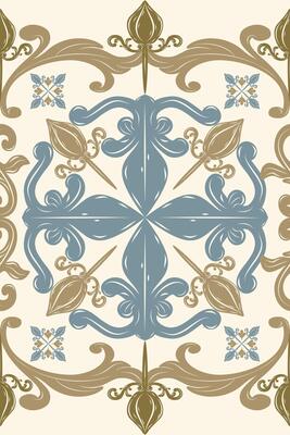 Beautiful Detailed Exotic Florals Decoration Curly Scroll Ornament Golden Brown and Royal Blue on Beige Background. Luxury Element Seamless Border Pattern Delicate Blooming for Wallpaper Silk Weaves