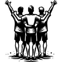 Tattoo emblem of beach soccer team waving to fans in stands after winning tournament in monochrome. Engraving minimalistic image in black ink drawing on white background vector