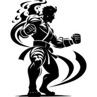 Tattoo emblem of fairytale warrior fighter surrounded by tongues of flame in fighting stance ready to attack in monochrome. Engraving minimalistic image in black ink drawing on white background vector