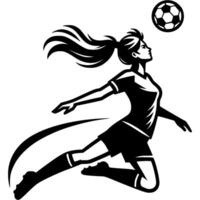 Sport emblem of female soccer player takes flying ball with headbutt in monochrome. Engraving minimalistic image in black ink drawing on white background vector