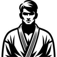 Sport emblem of close up portrait of a male karate fighter in a kimono in monochrome. Engraving minimalistic image in black ink drawing on white background vector