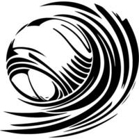 Sport emblem of flying soccer ball spins air currents around in monochrome. Engraving minimalistic image in black ink drawing on white background vector