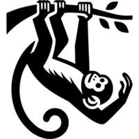 Tattoo of carefree monkey hanging on branch in monochrome. Monkey hanging upside down. Engraving minimalistic image in black ink drawing on white background vector