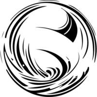 Sport emblem of dynamically rotating soccer ball in monochrome. Engraving minimalistic image in black ink drawing on white background vector