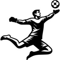 Tattoo emblem of beach soccer goalkeeper jumps and reaches for ball as it flies into goal in monochrome. Engraving minimalistic image in black ink drawing on white background vector