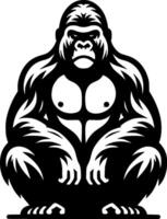 Tattoo of sullen gorilla sits and looks menacingly in monochrome. Monkey in threatening pose. Engraving minimalistic image in black ink drawing on white background vector