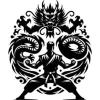 Sport emblem of kung fu master charged with dragon energy in monochrome. Engraving minimalistic image in black ink drawing on white background vector
