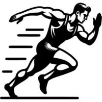 Sport emblem of male sprinter takes off powerfully at command of competition judge in monochrome. Engraving minimalistic image in black ink drawing on white background vector