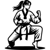 Sport emblem of girl in a defensive karate stance in monochrome. Engraving minimalistic image in black ink drawing on white background vector